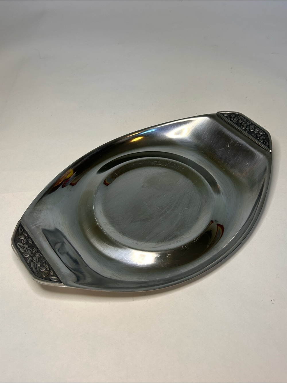 Vintage Stainless Steel Tray Trinket Dish Floral Japan MCM Retro Jewelry